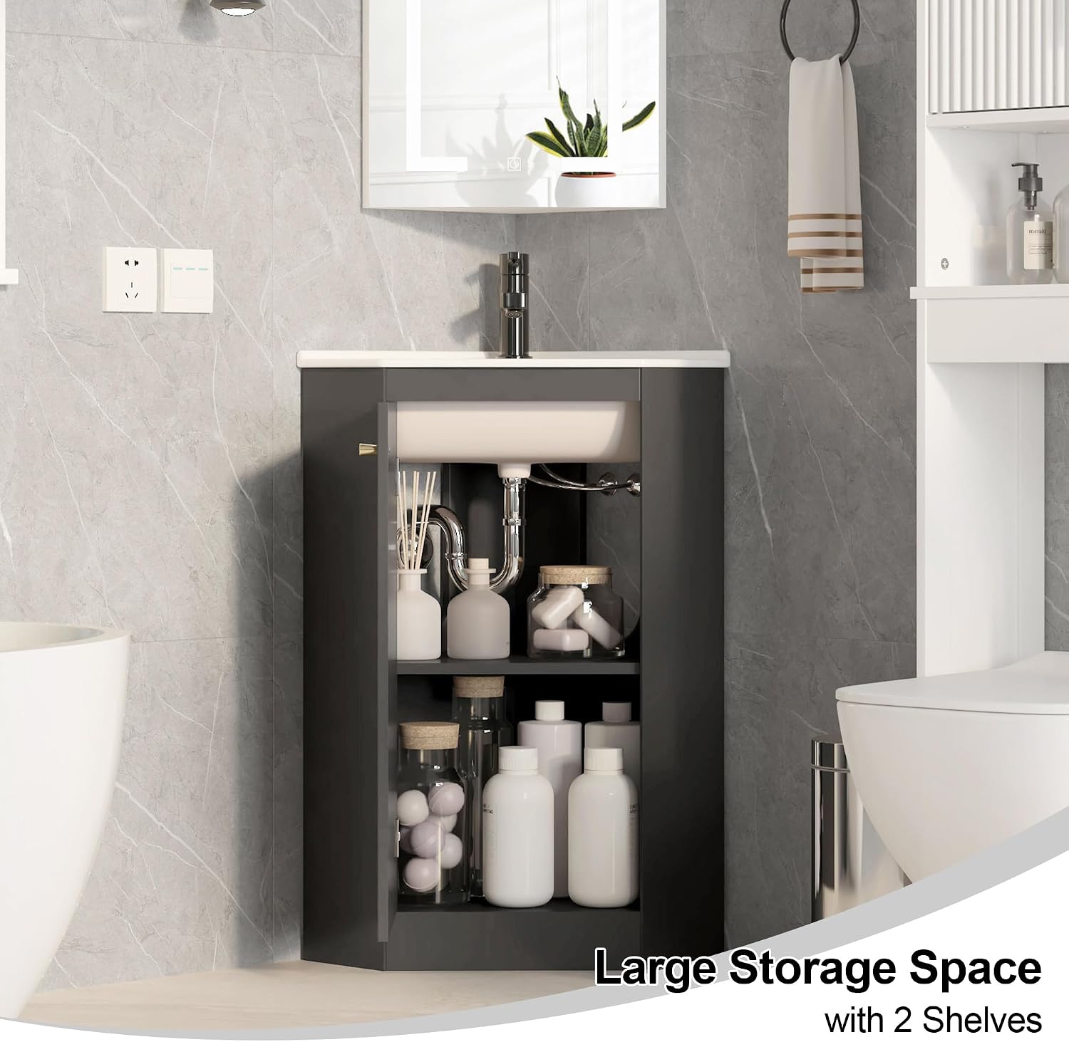 24 Inch Corner Bathroom Vanity with Sink for Small Spaces, Black Freestanding Bathroom Vanity with Ceramic Sink, Modern Wall Mount Small Bathroom Vanity for Powder Room,Half Bath(No Faucet)