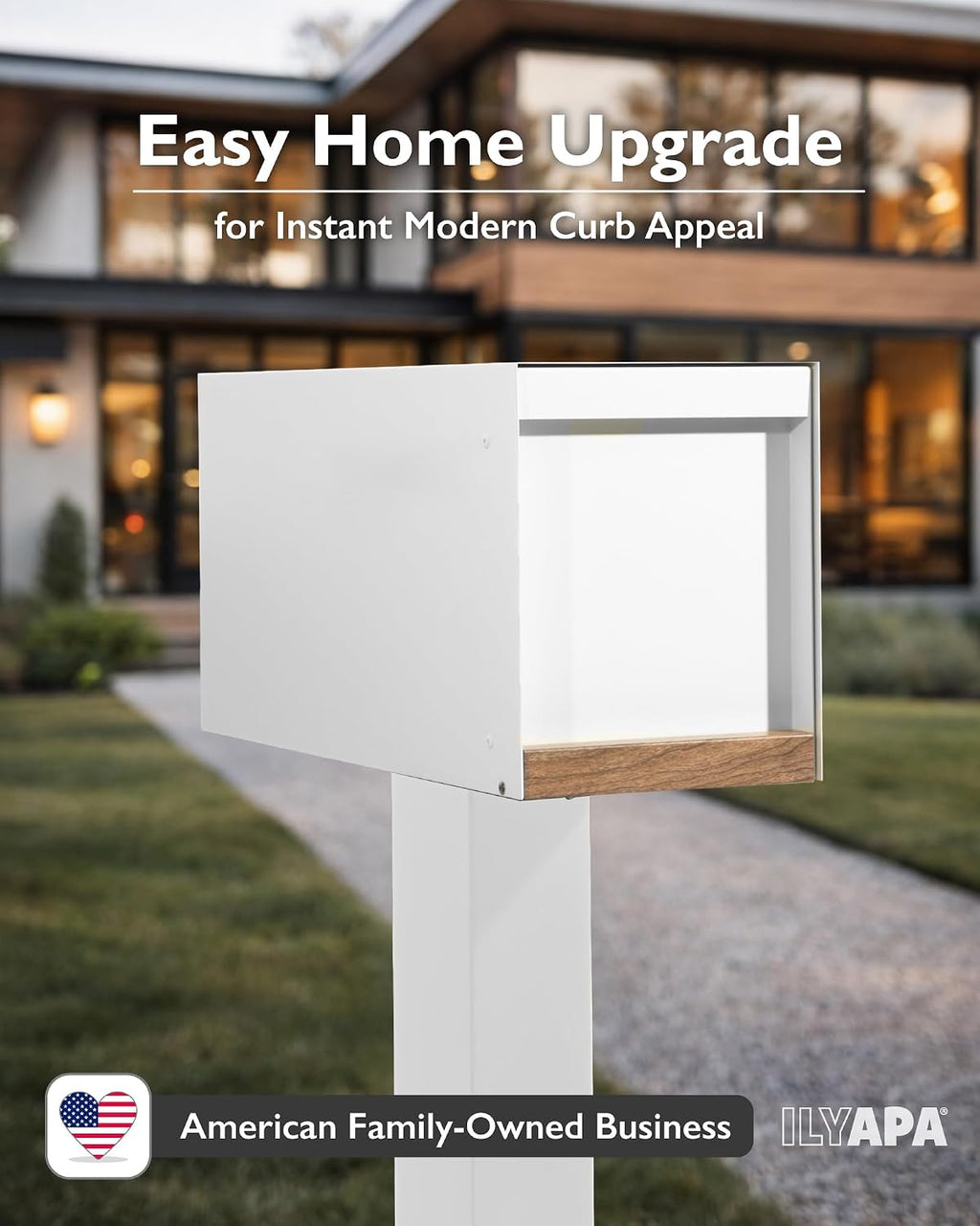 Ilyapa Modern Mailbox Post Mount Mailboxes for Outside - 21x8x10 White Powder Coated Metal Mailbox with Printed Ash Wood Grain Trim - Waterproof for Parcels, Magnetic Close Door