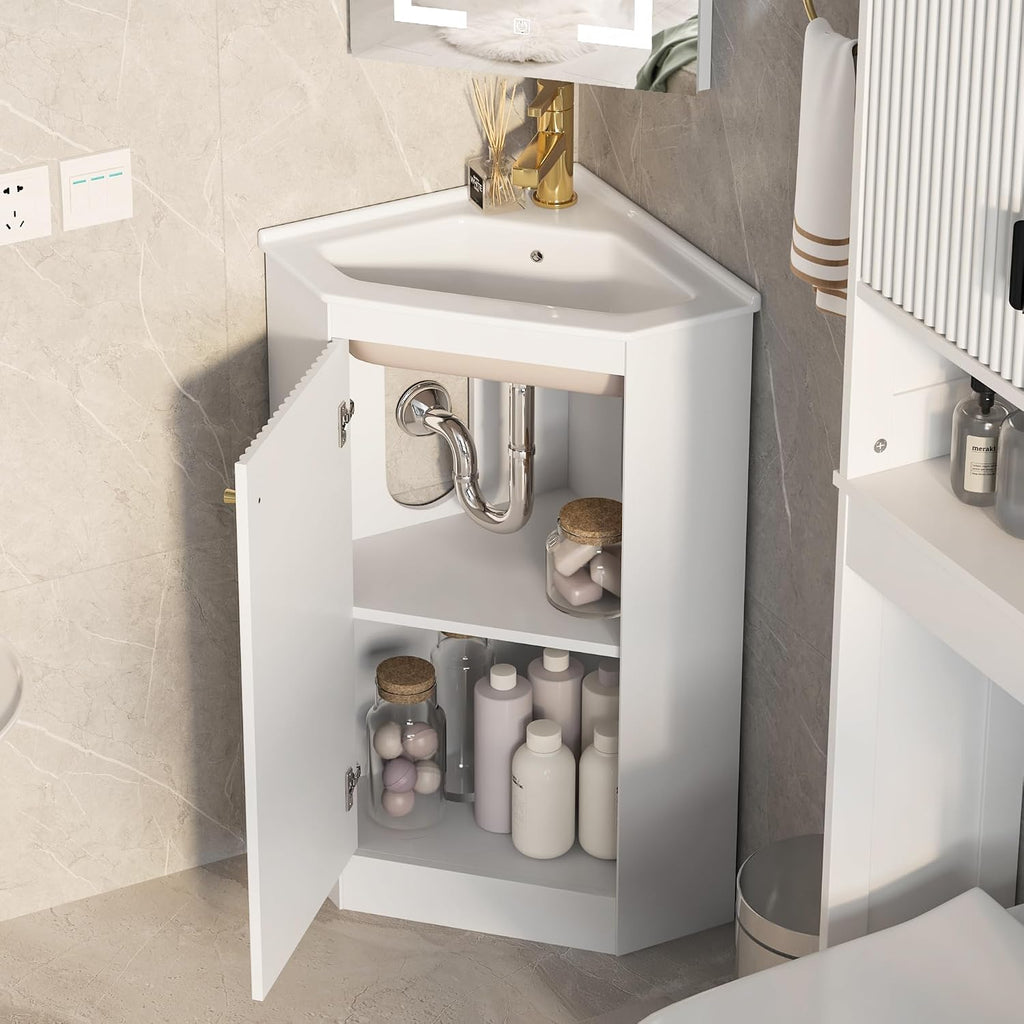 24' Corner Bathroom Vanity Sink Combo for Small Space, Freestanding Compact Space Bathroom Storage Cabinet with White Ceramic Sink, Wall Mounted Modern Vanity,White