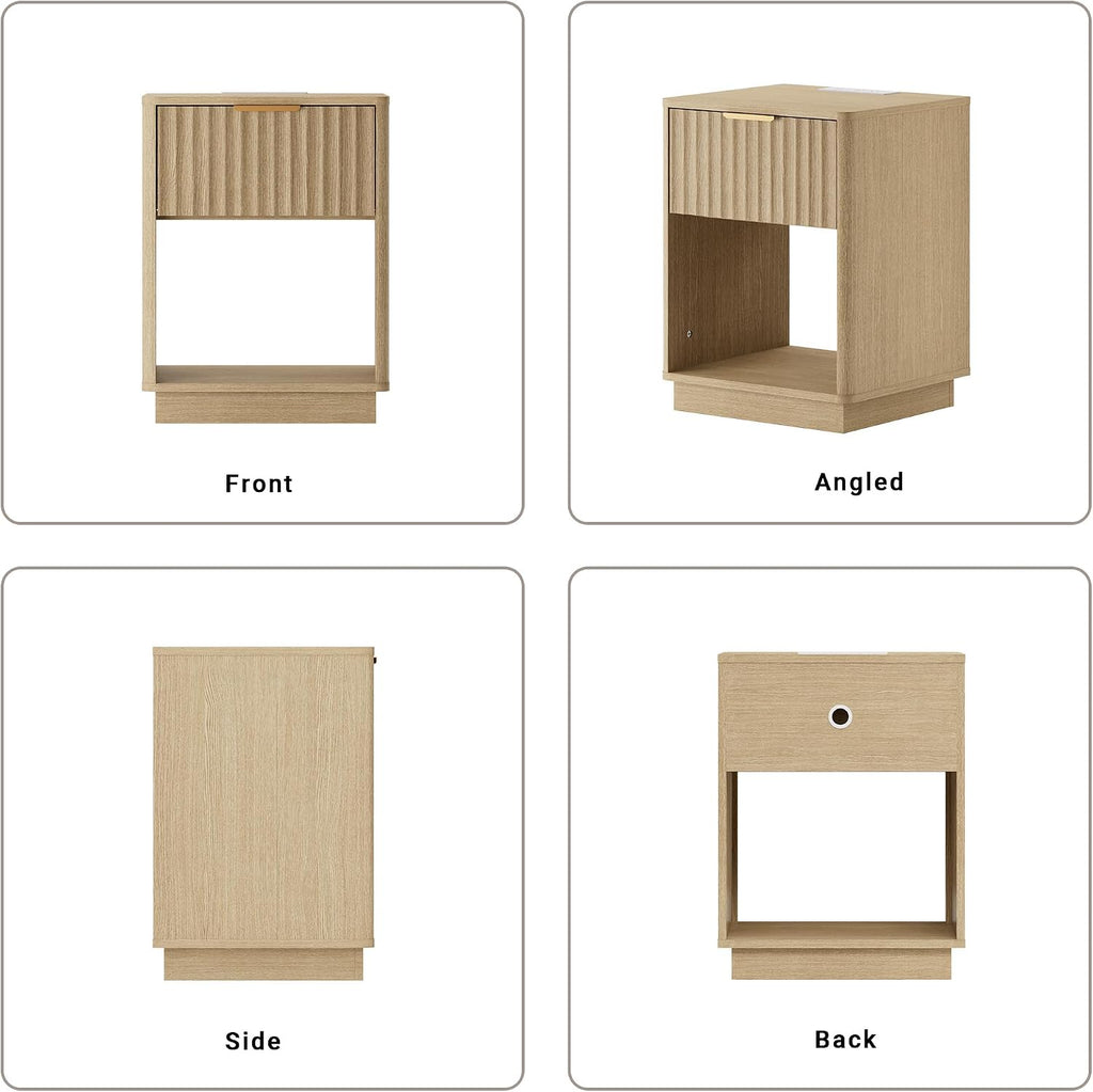 Fluted Nightstand, Night Stand Set 2, Nightstands Set of 2 with Charging Station, Wooden End Table with Drawer & Open Shelf, Modern Bedside Table for Bedroom, Curved Corners, Natural Oak