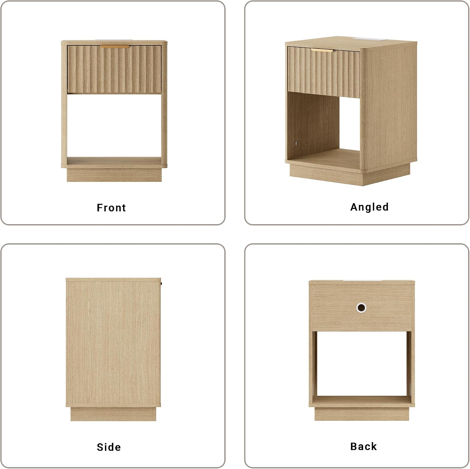 Fluted Nightstand, Night Stand Set 2, Nightstands Set of 2 with Charging Station, Wooden End Table with Drawer & Open Shelf, Modern Bedside Table for Bedroom, Curved Corners, Natural Oak