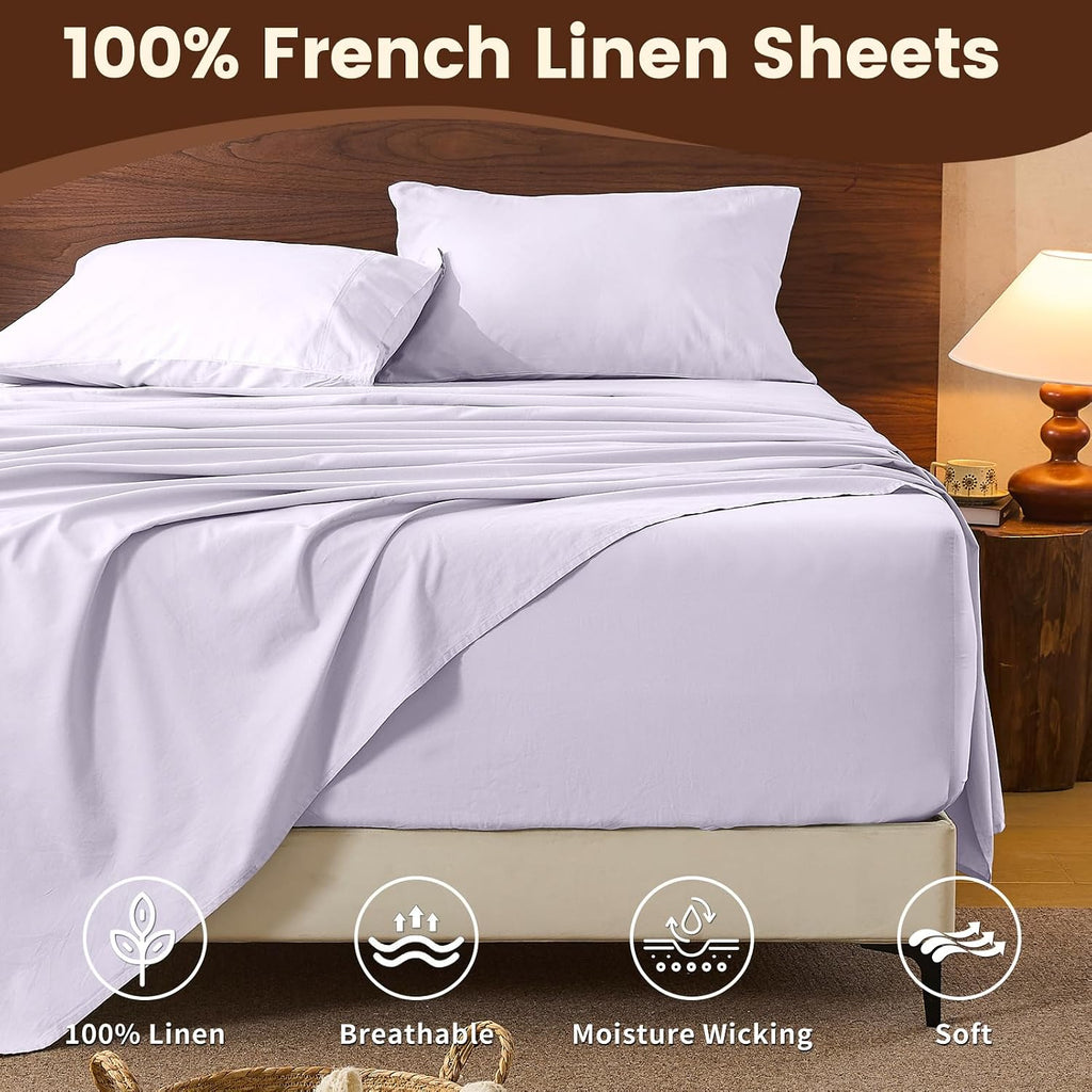 100% Linen Sheet Set King Size Extra Deep Pocket Fits 18-24 Inch Mattress, Breathable & Soft, Smooth 4-Piece Set for Thick Mattresses Hotel Luxury Bedding（King, Light Purple）