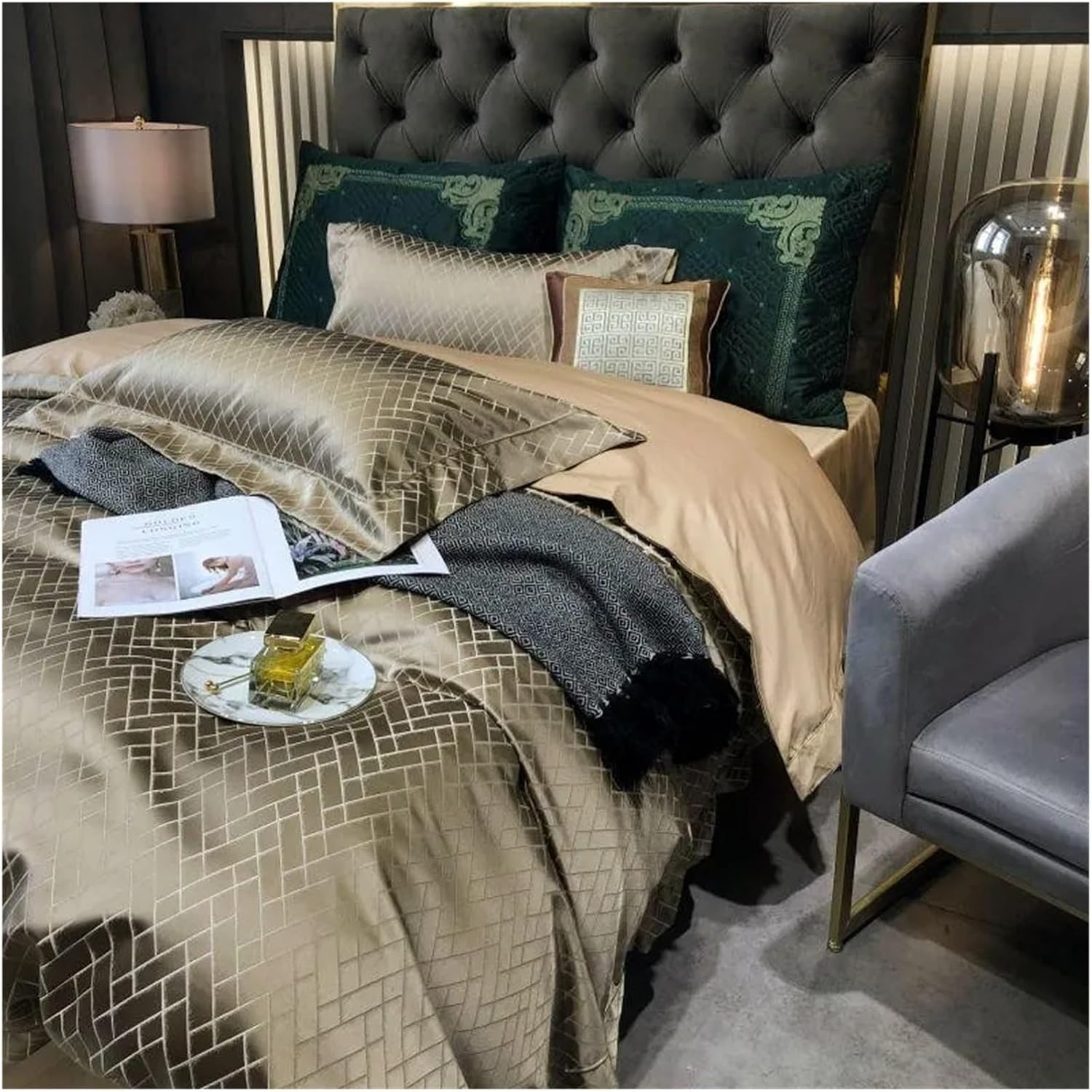 Luxury Black Gold Yarndyed Jacquard Egyptian Cotton Smooth Duvet Cover Queen King Bedding Set Flat Sheet Pillowcases, for All Seasons(Champagne Color,King)