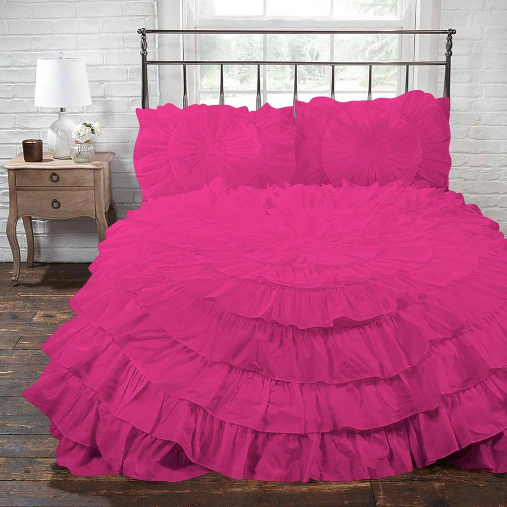 3 Piece 100% Egyptian Cotton Circle Ruffle Comforter Set, 550 GSM Filled Microfiber - Full/Queen Size, Hot Pink Color - 1000 Thread Count