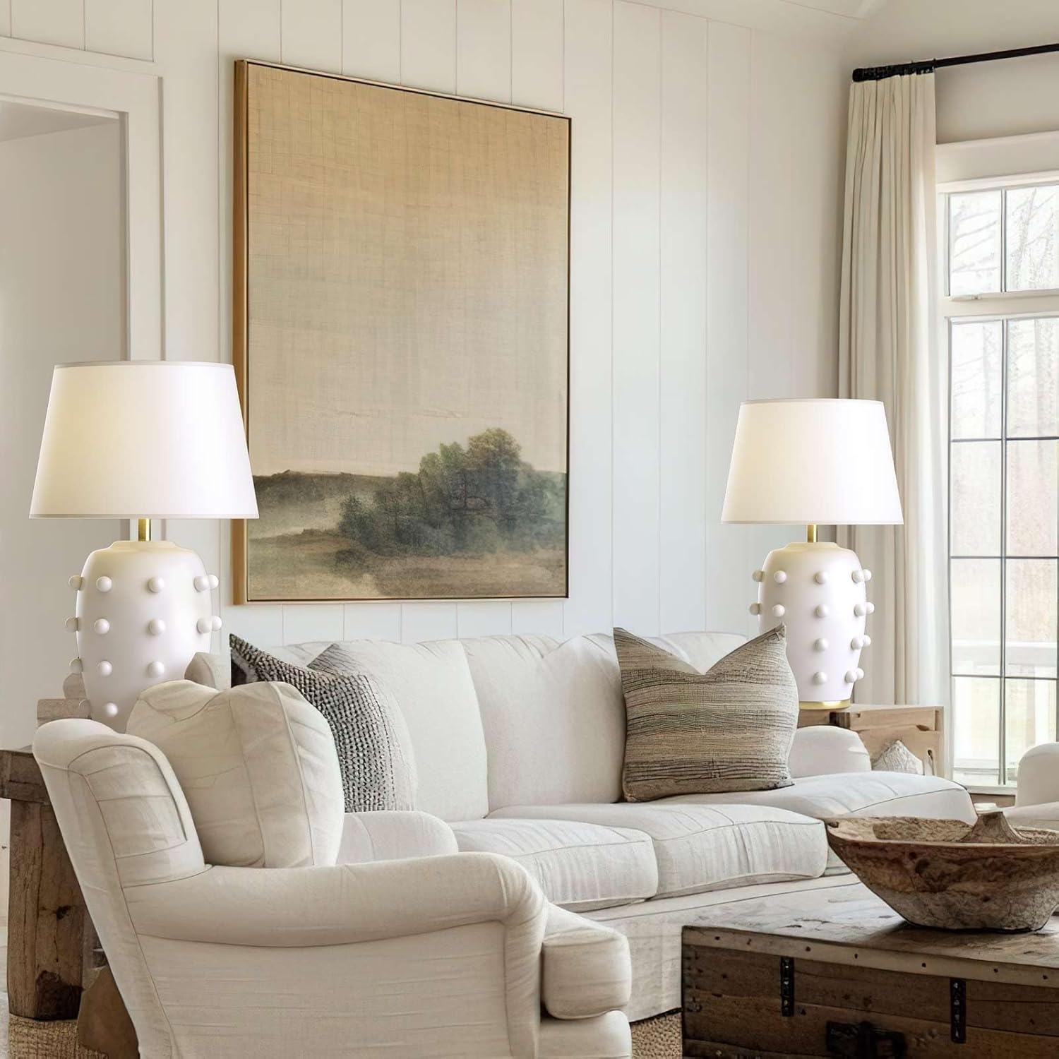 Modern Ceramic Linden Table Lamp - 26' White Ball Farmhouse Design, Classic Table Lamp Pottery Tapered Drum Shade for Living Room, Bedroom, Office, and Home （White）