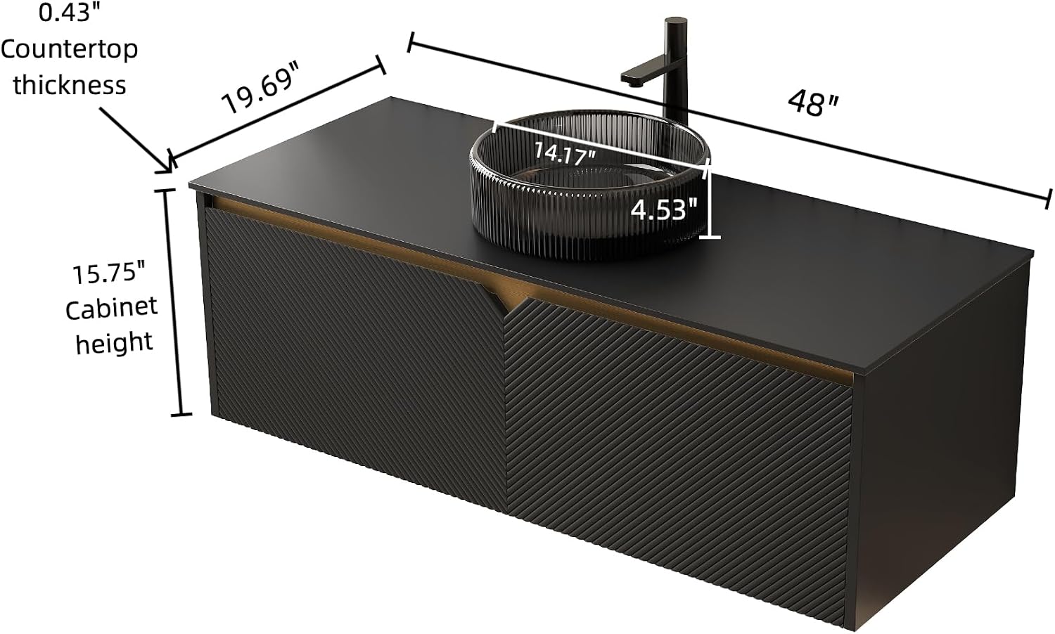 48 Inch Bathroom Vanity with Sink, Floating Fluted Vanity with Vessel Sink, Modern Wall Mounted Bathroom Vanity Cabinet with 2 Doors, Glass Vessel Sink & Sintered Stone Top, Black