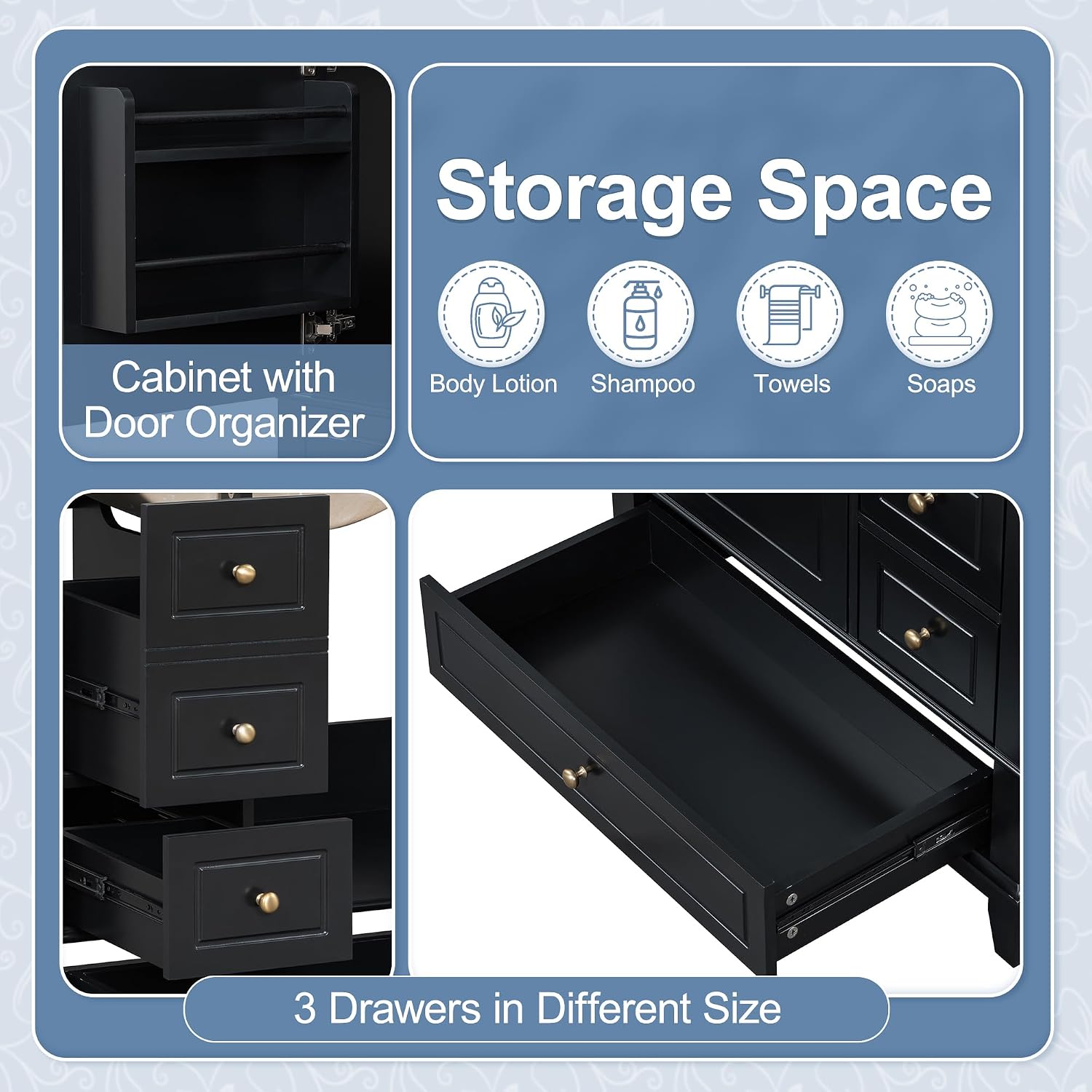 Harper & Bright Designs 30' Bathroom Vanity with Sink, Free Standing Single Basin Vanity Set with One Door and Three Drawers, Solid Wood Storage Cabinet with Ceramic Basin for Bathroom, Black