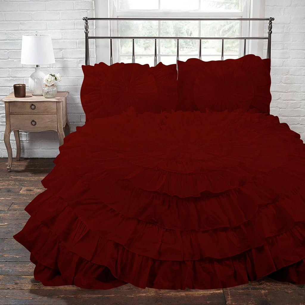 3 Piece 100% Egyptian Cotton Circle Ruffle Comforter Set, 550 GSM Filled Microfiber - Full/Queen Size, Burgundy Color - 1000 Thread Count