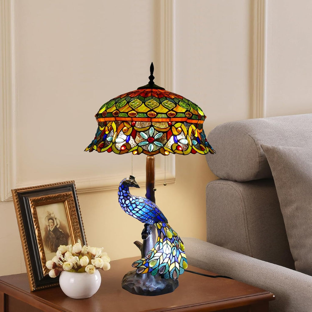 Tiffany Style Table Lamp Peacock Flower Style Handmade Stained Glass Lamp 18 Inch Wide 31 Inch Tall Vintage Desk Light Large Table Lamp for Bedroom Living Room Home Office Decoration