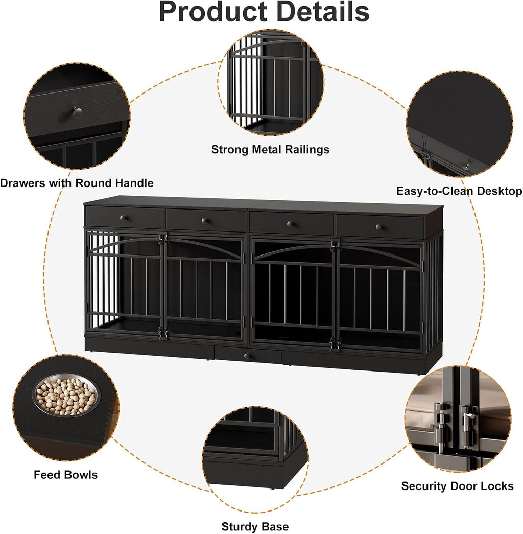 GarveeHome Dog Crate Furniture for 2 Dogs, Dog Kennel Indoor with 4 Storage Drawers and Feeding Bowls, Double Dog Crate TV Stand for Small Medium Dogs, Black