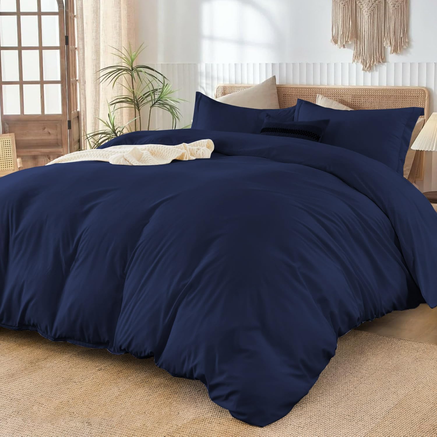 800TC 3 Sided Zipper Duvet Cover Set Soft Egyptian Cotton 3 Sided Zipper Closure, 3 PCS 1-Duvet Cover & 2- Pillow Shams - Super King Size (98' x 108') Inches, (Solid Navy Blue)