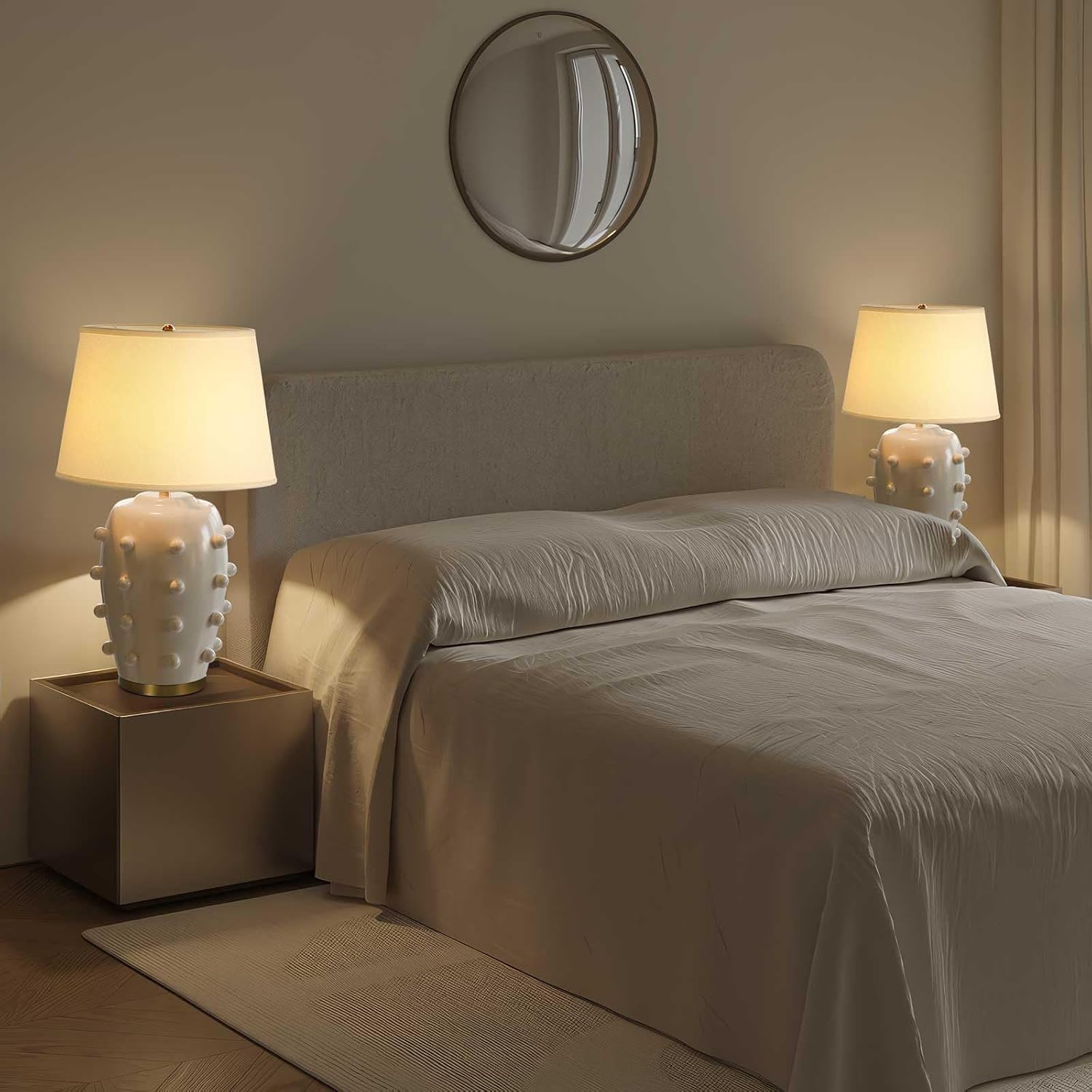 Modern Ceramic Linden Table Lamp - 26' White Ball Farmhouse Design, Classic Table Lamp Pottery Tapered Drum Shade for Living Room, Bedroom, Office, and Home （White）