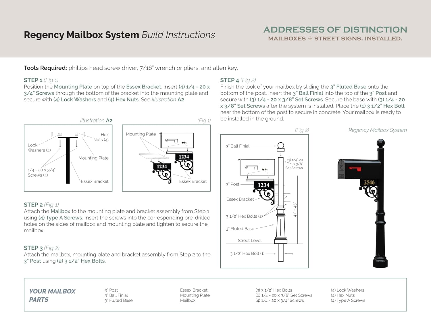 Black Mailbox with Post and Number Plate - The Regency