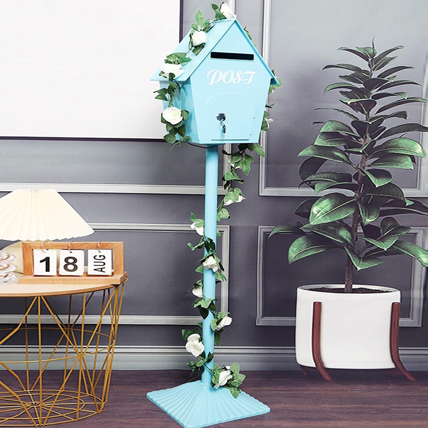 Key Drop Box Wall Mount Mailbox Mailboxes for Outside Wall Mount, Metal Mailbox, Complete System with Steel Mailbox and Aluminum Post Included(Light Blue)