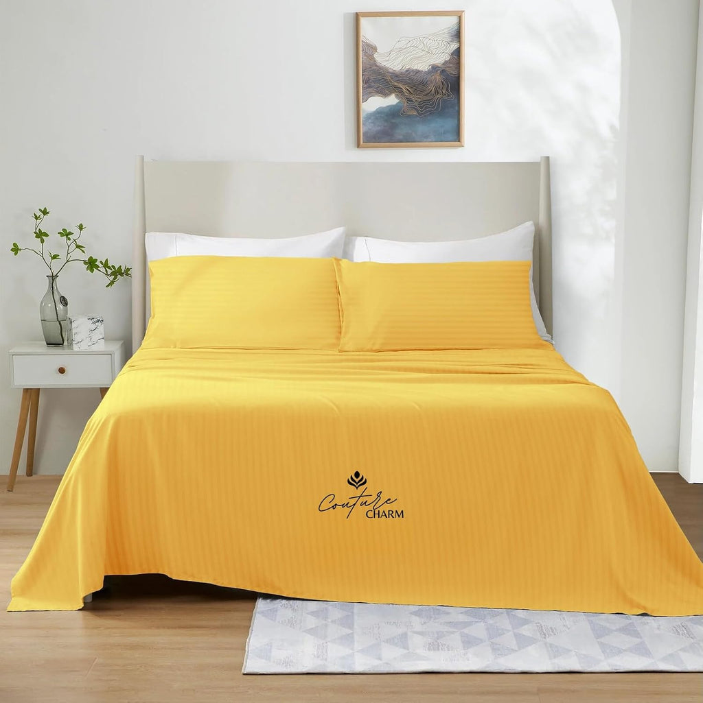 Queen Size 1000 Thread Count 100% Egyptian Cotton Sheet Set, 4-Piece, Sateen Weave with 10-12' Deep Pocket, Snug Fit (Stripe, Gold)