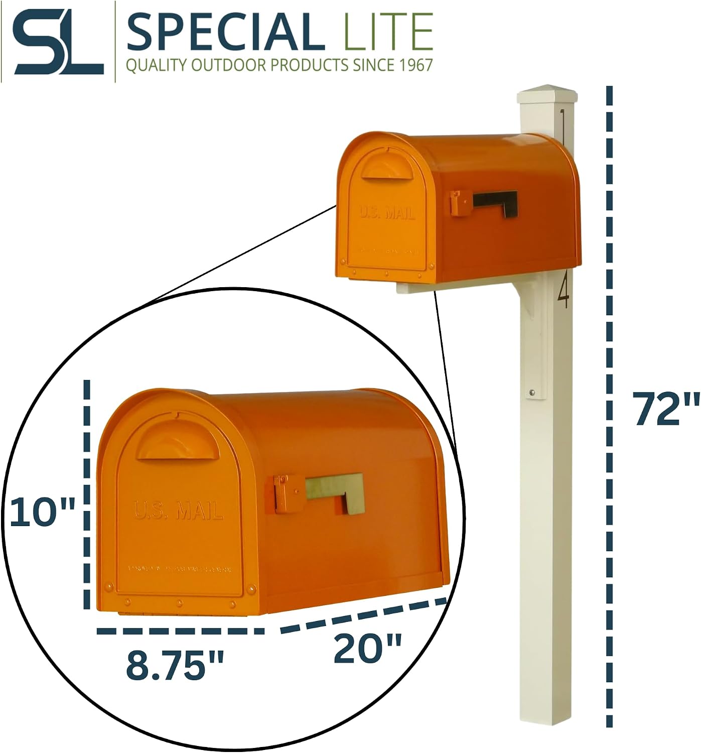Special Lite Mid Modern Dylan Curbside Mailbox with Wellington Post - Orange Aluminum Mailbox with Post - SCD1008ORG_SPK720IVR_VN