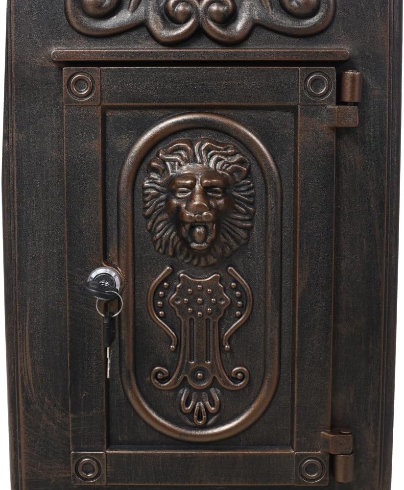 Copper Mailbox, Large Lockable Package Drop Box with Roman Statue, Rustproof Cast Aluminum Mail Boxes for Outside, Vintage Post-Mount Design, Weatherproof & Elegant Garden Letter Box (Bronze)