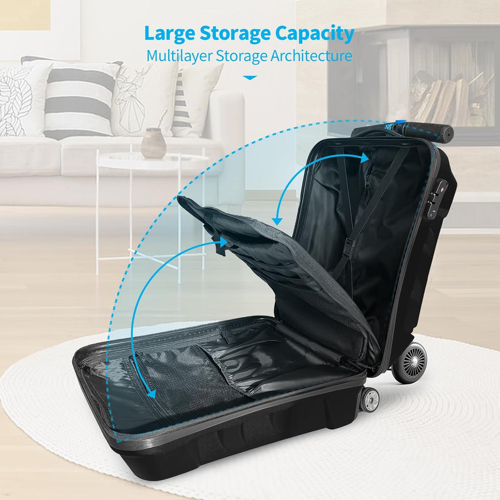 Scooter Suitcase 3-D Hardshell Ride Scooter Luggage for Kids Age 7-15, Cute Lightweight Kids Luggage with Wheels, Girls&Boys Multifunctional Ride On Travel Trolley Scooter Combo-Black