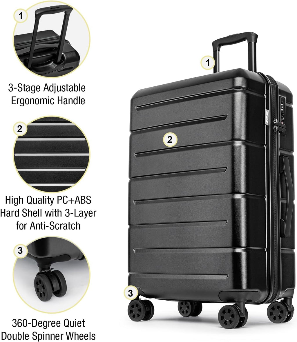 KYME Luggage Sets 2 Piece Suitcase Set Hardshell 20 inch/24 inch Luggage with Spinner Wheels Hardside PC+ABS Checked Large Suitcase with TSA Lock for Men Women Black