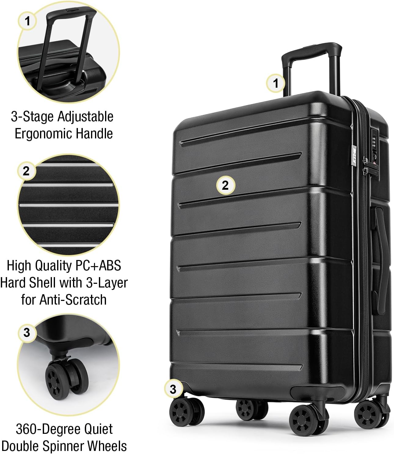 KYME Luggage Sets 2 Piece Suitcase Set Hardshell 20 inch/24 inch Luggage with Spinner Wheels Hardside PC+ABS Checked Large Suitcase with TSA Lock for Men Women Black