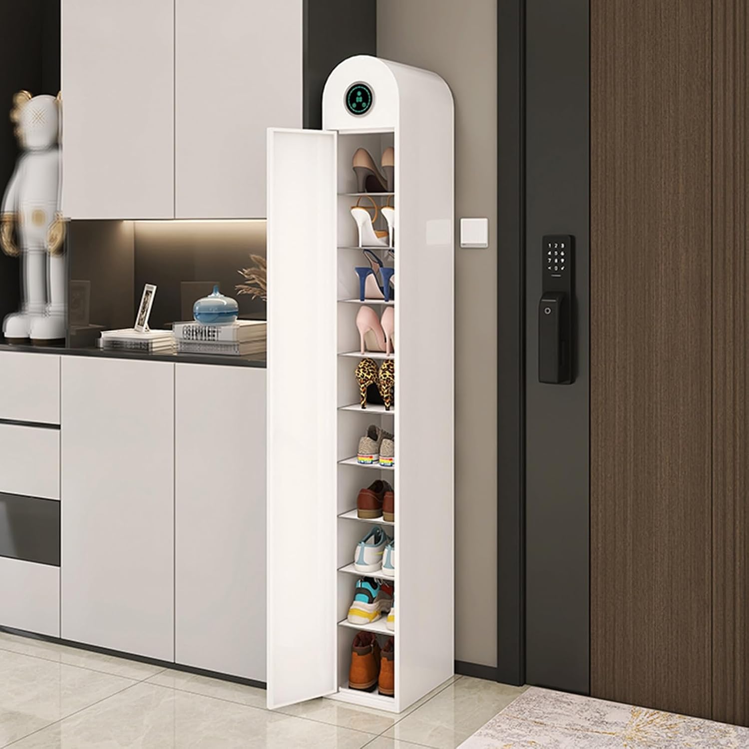 Shoe Storage Entryway Cabinet Metal Shoe Cabinet with Smart Touch Panel Removable Shelves Smart Shoe Cabinet with Dustproofs Magnetic Door Stopper for Entryway, Foyer, Hallway(White)