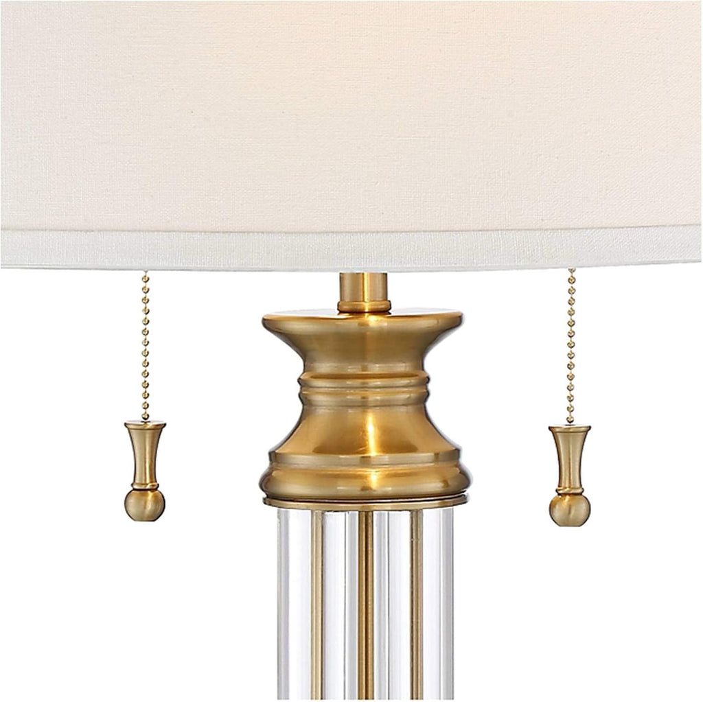 Vienna Full Spectrum Rolland Traditional 3-Way Table Lamp with Table Top Dimmer 30' Tall Antique Brass Glass Column Off White Tapered Drum Shades for Living Room Bedroom House Bedside Nightstand
