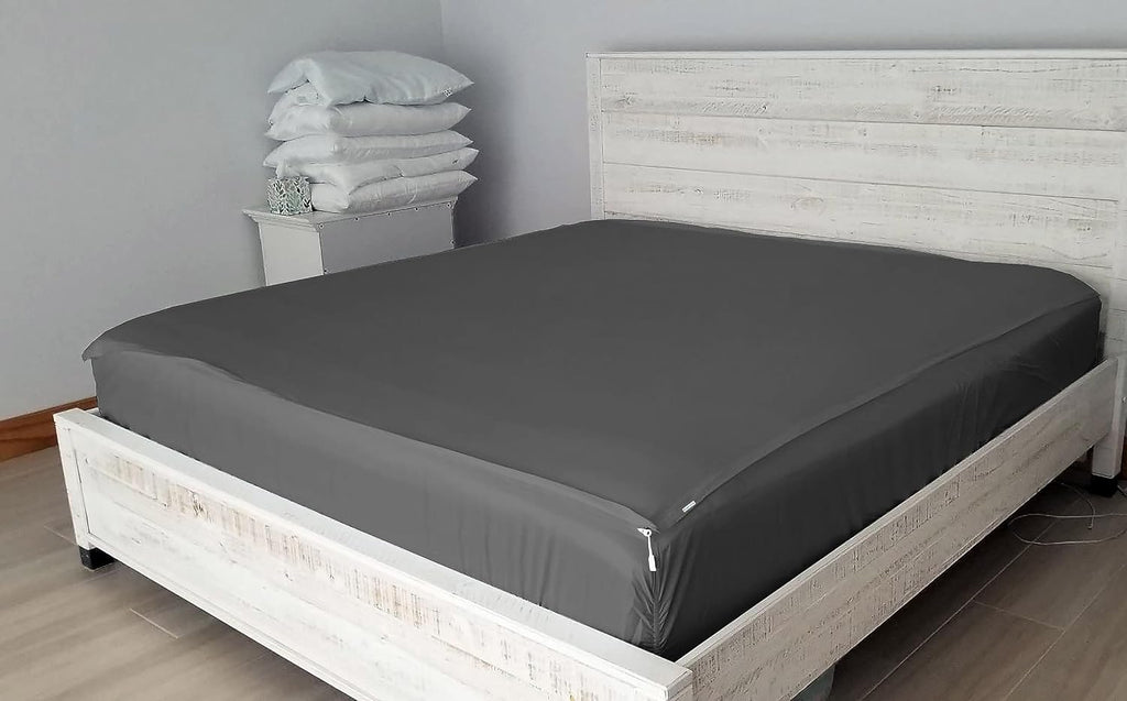 Zip On Sheets Queen Zipper Fitted Sheets 60X80 - Includes 2 Zip On Sheet & 1 Fitted Sheet Base - 8' to 16' Inch Deep Pocket Zipper Sheets - Faster & Easier Microfiber Queen Size - Dark Grey