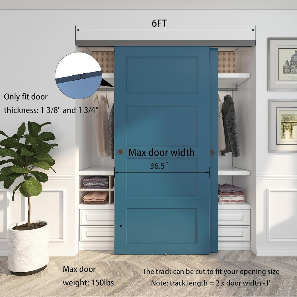 JUBEST 6FT/72 Heavy Duty Bypass Door Hardware with Soft Close Mechanism, Sturdy Closet Door Track for 2 Door System, Quietly and Smoothly, Fit Door Thickness 1 3/8' or 1 3/4', Easy to Install, Black