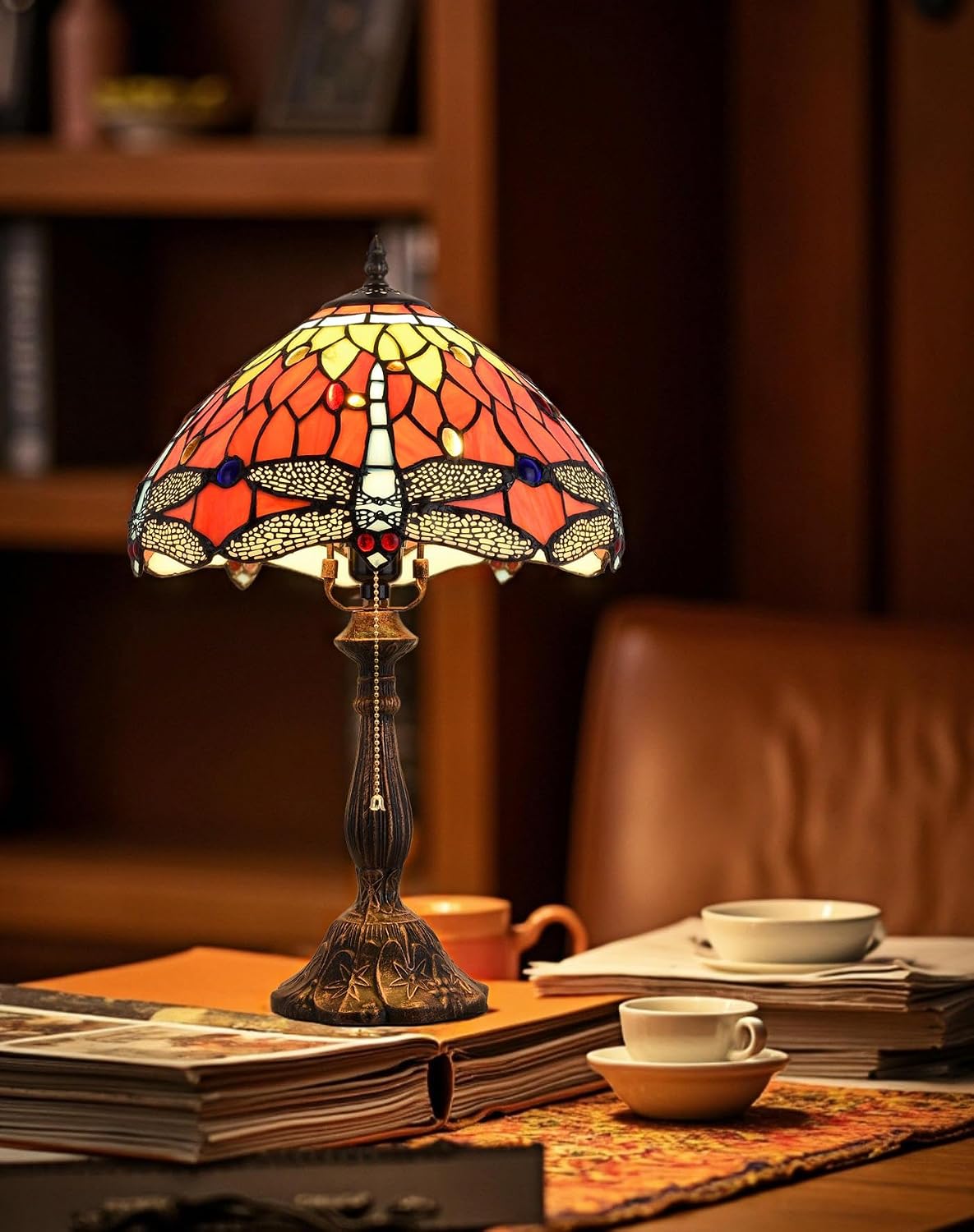 Tiffany Table Lamp, 12-inch Stained Glass Lamp for Living Room, Dining Room, Bedroom, Study Room, Office (Orange Dragonfly)