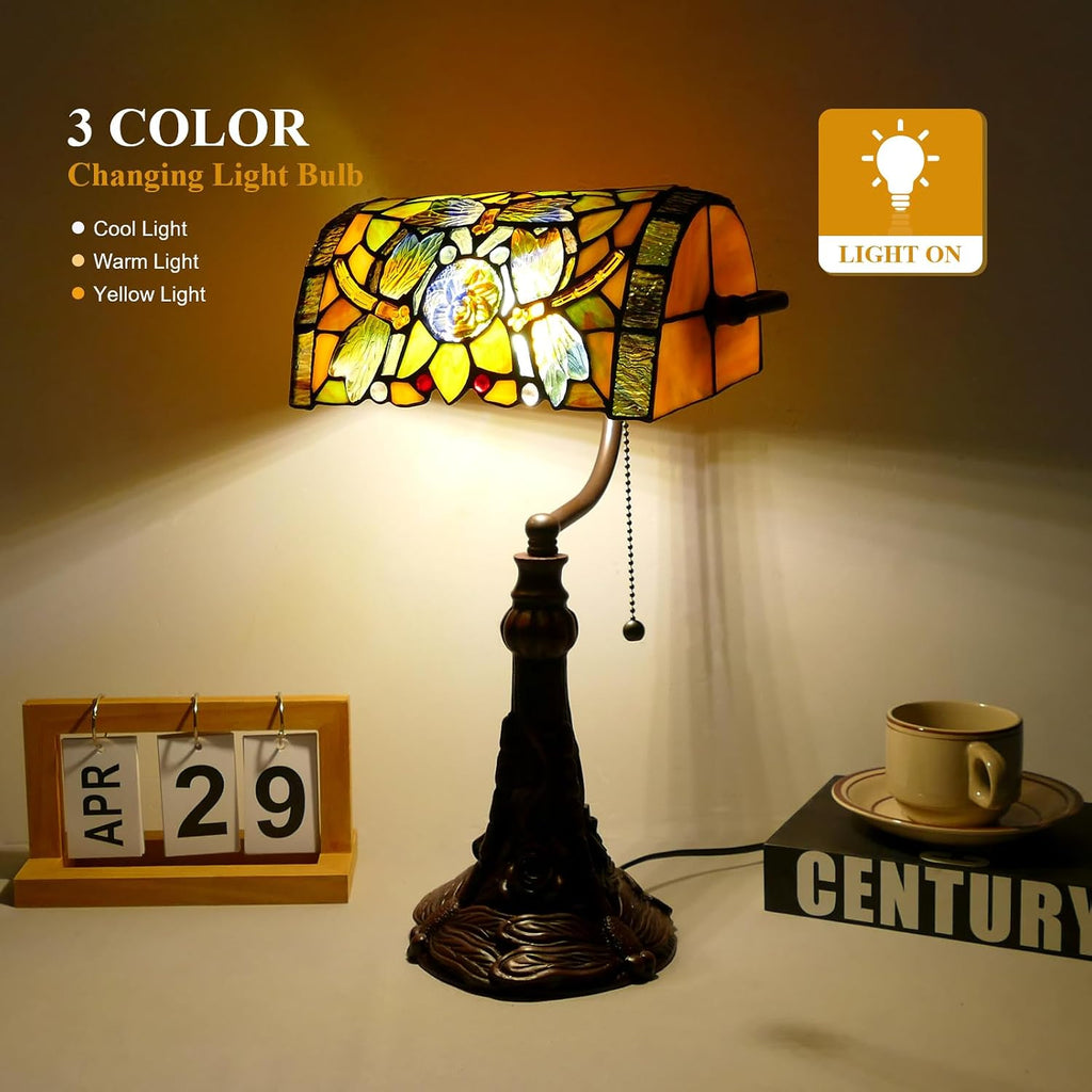 Rose Flower Dragonfly Bankers Lamp Antique Desk Lamps Stained Glass Banker Table Lamp with Pull Chain, Vintage Desk Lamp for Home Office, with Color Changing LED Bulb
