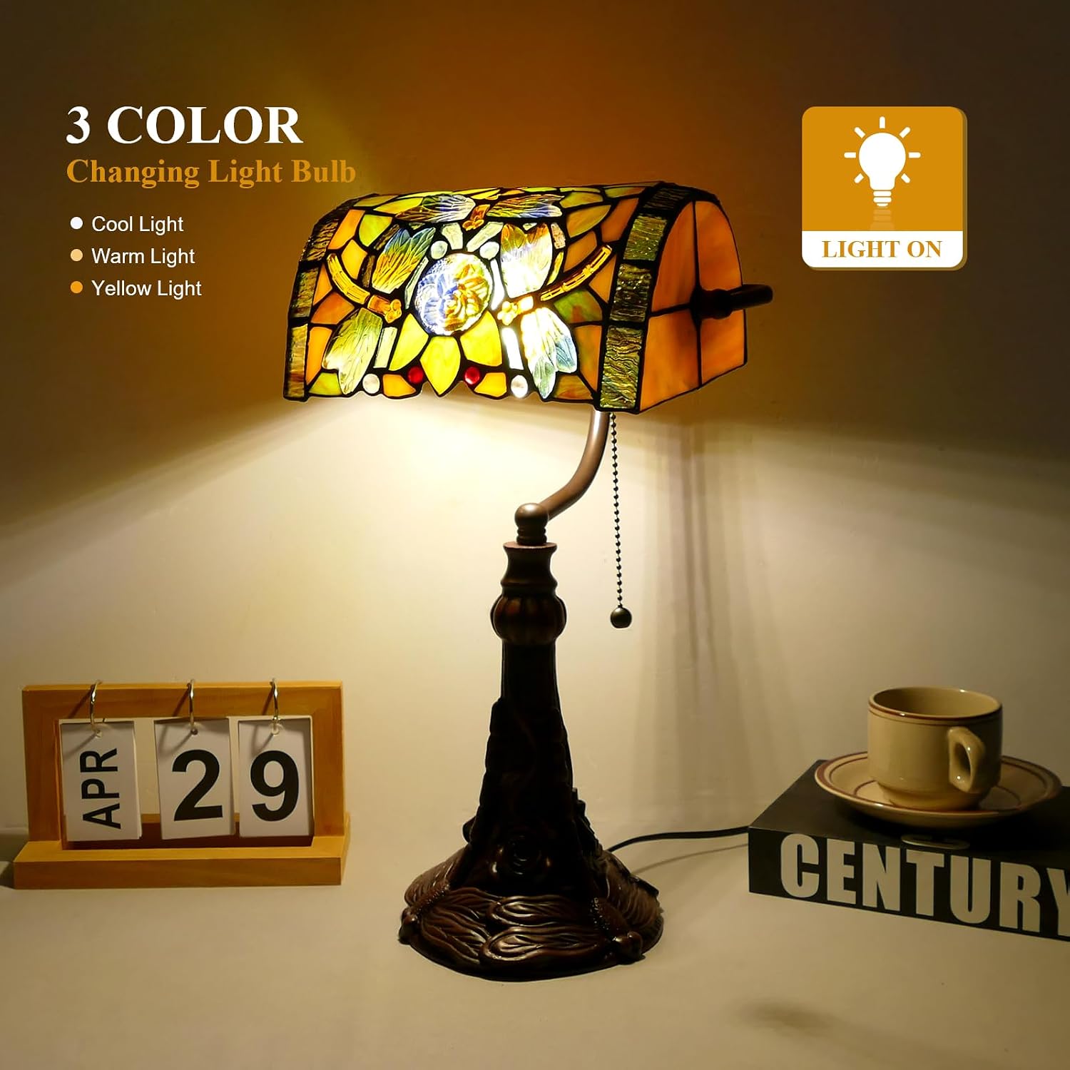 Rose Flower Dragonfly Bankers Lamp Antique Desk Lamps Stained Glass Banker Table Lamp with Pull Chain, Vintage Desk Lamp for Home Office, with Color Changing LED Bulb