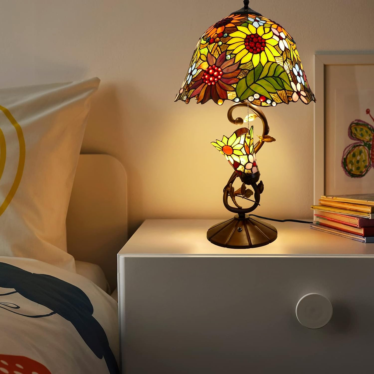 Sunflowers Tiffany Table Lamp Multi-Color Flowers Table Lamp Stained Glass Lamp 16X16X28 Inch Bedside Nightstand Reading Desk Light for Bedroom Home Office Decor, LED Bulb Included