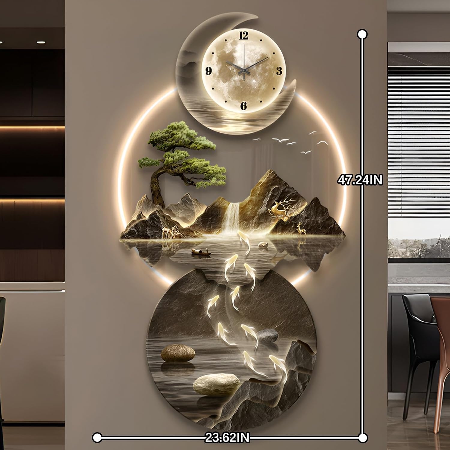 XQDYSG Wall Sculptures 3D Wall Art Decor Clock Plug-in Power Supply Home Decor Wall Modern Wall Hanging Sculpture Painting with LED Light for Bedroom Living Room Apartmen(Stylle E,23.62 * 47.24IN)