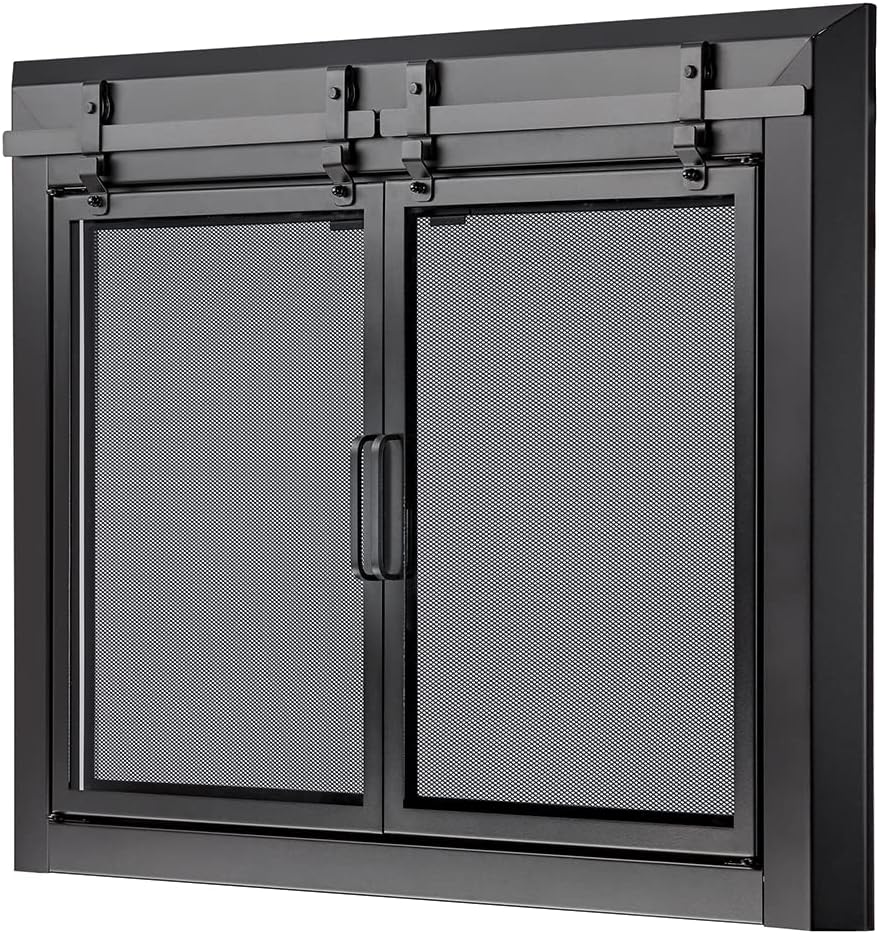 UniFlame - Gregory - Cabinet-Style Fireplace Doors with Smoke Tempered Glass (Color: Black, Size: Small - Fits Opening 30in to 37in W x 22.5in to 29.5in H)