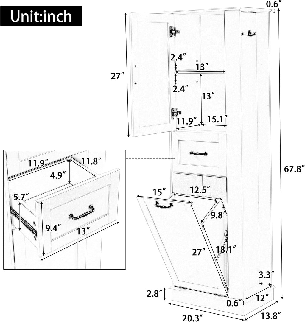 Tall Bathroom Storage Cabinet with Tilt-Out Compartment, Modern Bathroom Accent Storage Cabinet with Adjustable Shelves, Soft-Close Hinges, for Home Kitchen, Living Room (Gray Style5)