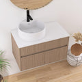 32 Inch Floating Bathroom Vanity with Sink, Modern Wall Mounted Cabinet, Ceramic Vessel Basin, 2 Soft Close Doors and 2 Drawer, Light Walnut