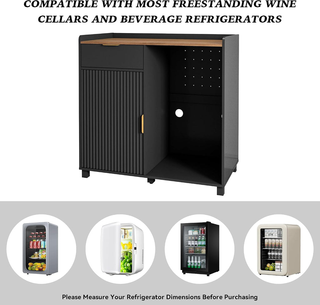 Bar Cabinet with Fridge Space&Fluted Door, Mini Fridge Cabinet with Wine Storage, Modern Sideboard Buffet Cabinet Coffee Station for Dining Room, Living Room, Kitchen, Black