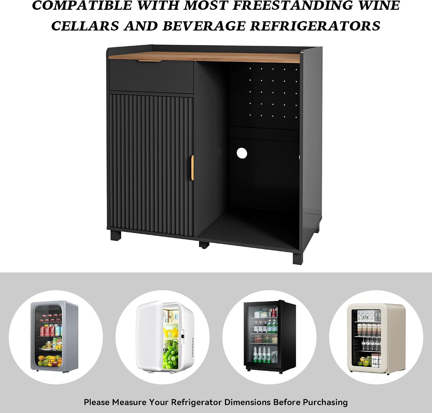 Bar Cabinet with Fridge Space&Fluted Door, Mini Fridge Cabinet with Wine Storage, Modern Sideboard Buffet Cabinet Coffee Station for Dining Room, Living Room, Kitchen, Black