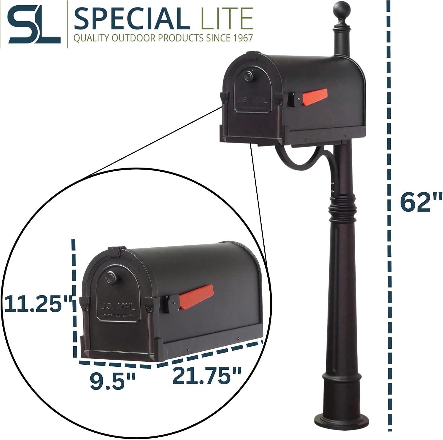 Special Lite Savannah Curbside Mailbox with Ashland Post - Black Mailbox with Aluminum Post - SCS-1014_SPK-600-BLK