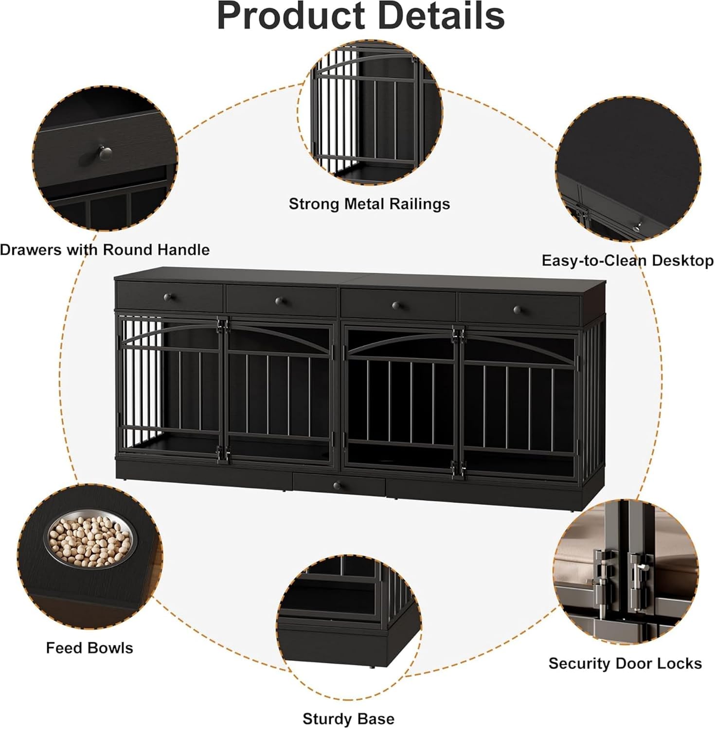 GAOMON Dog Crate Furniture for 2 Dogs, 78.7'' Large Dog Kennel Indoor with 4 Storage Drawers and Feeding Bowls, Double Dog Crate TV Stand for Small and Medium Dogs, Black