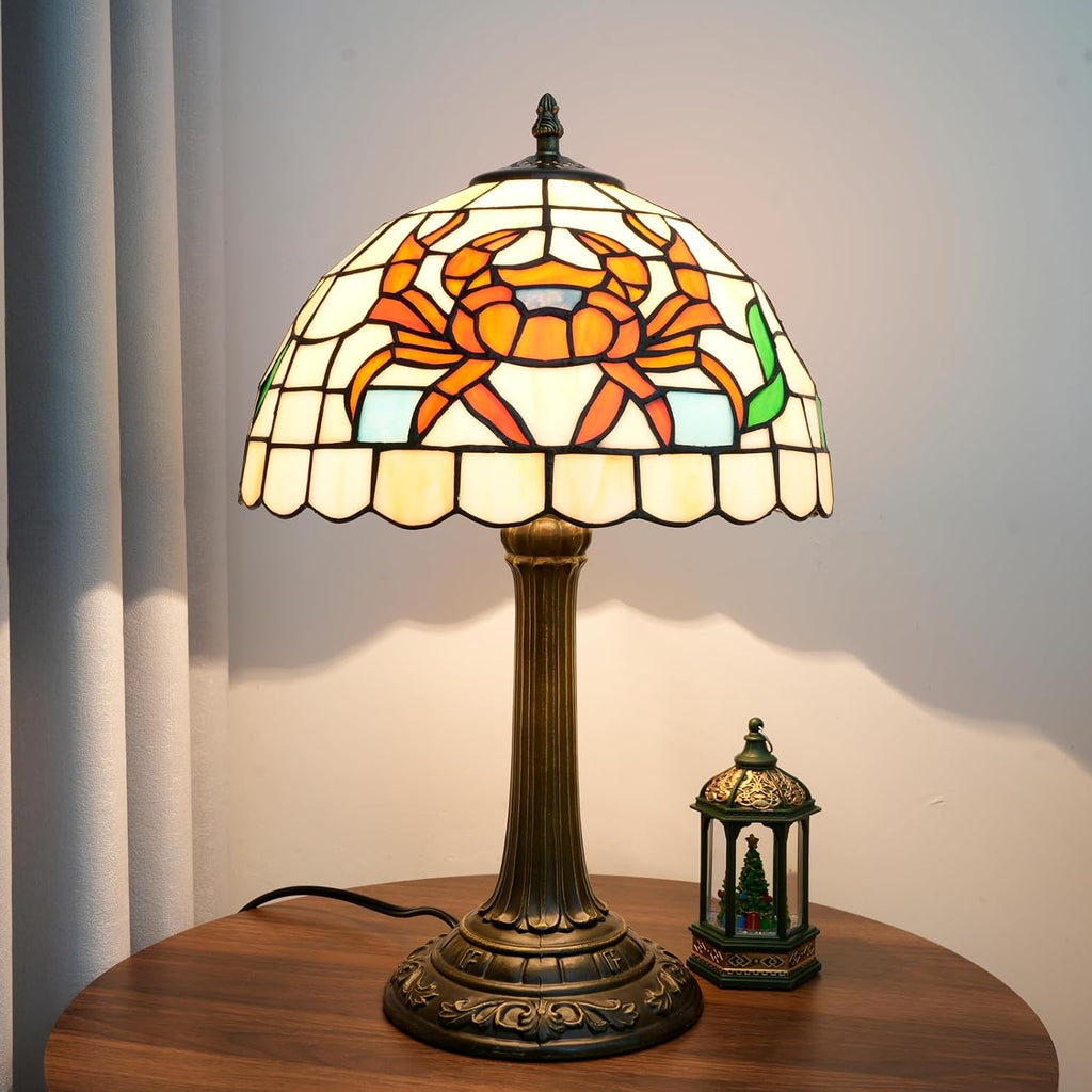Tiffany Style Table Lamp with Orange Crab Stained Glass Lamp 12 Inch Retro Bronze Base Bedside Lamp Bedroom，Living Room, Bar,Cafe,Restaurant Hotel Art Nouveau Style Decorative Ambient Light