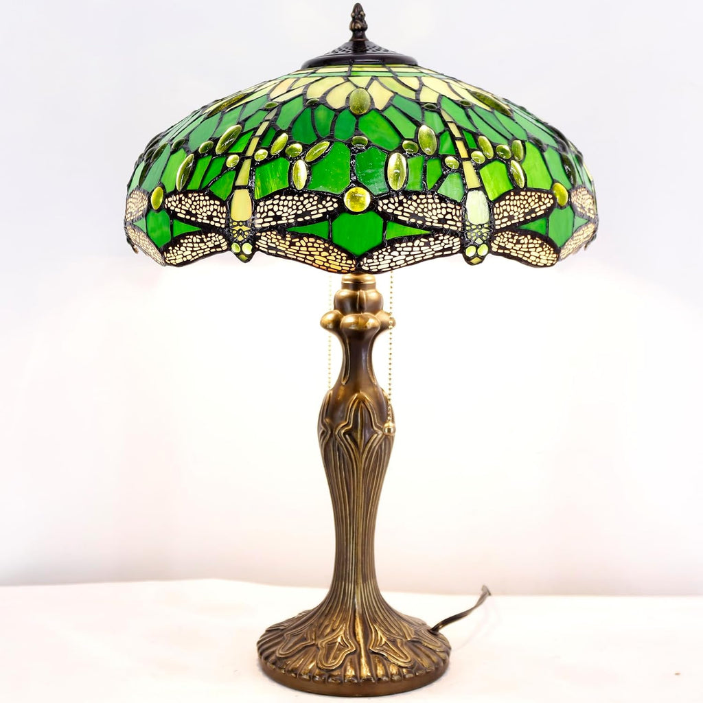 WERFACTORY Tiffany Style Table Lamp Green Stained Glass Dragonfly Bedside Lamp 16X16X24 Inch Desk Reading Light Metal Base Decor Bedroom Living Room Home Office S459 Series