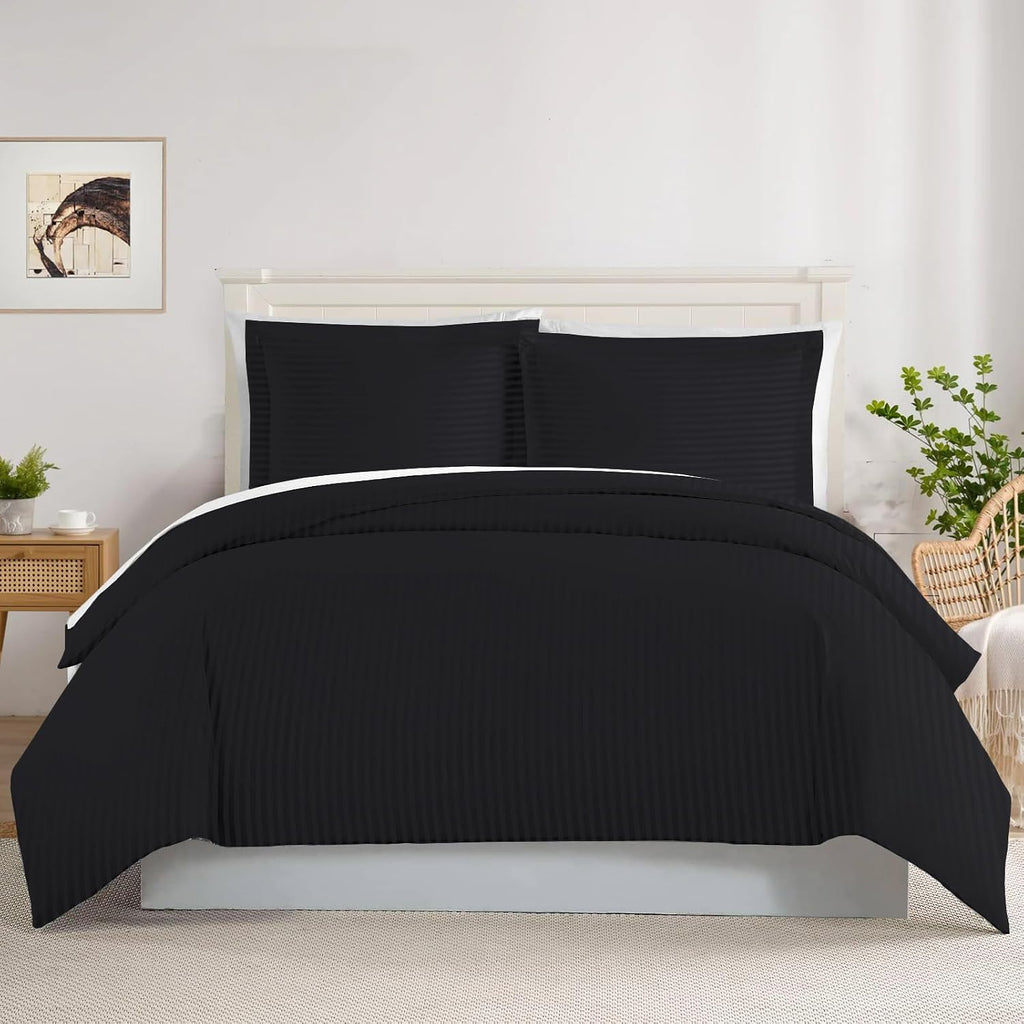 800TC 3 Sided Zipper Duvet Cover Set Soft Egyptian Cotton 3 Sided Zipper Closure, 3 PCS 1-Duvet Cover & 2- Pillow Shams - Oversize Queen Size (98' x 98') Inches, (Black Stripe)