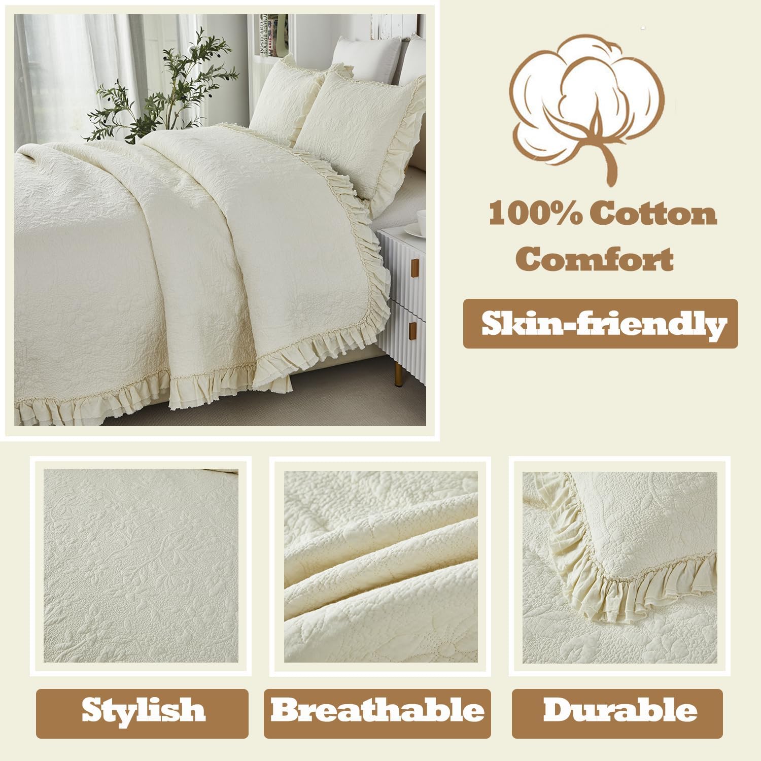 Brandream Cream Yellow White Quilt Set Queen Size Cotton Matelasse Bedding Luxury Ruffle Bedspread 3-Piece
