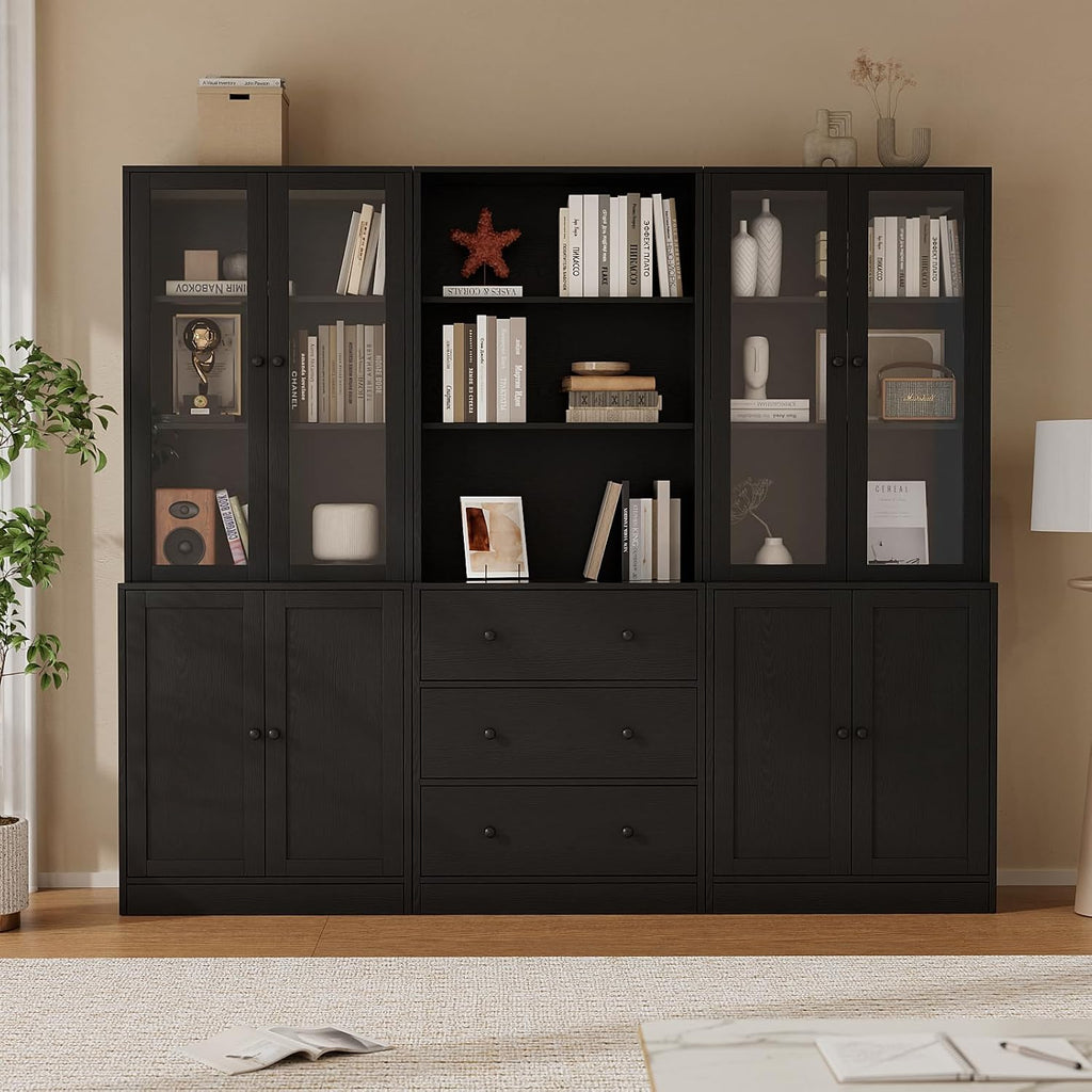 TUSY 71' H Bookshelf with Storage, 6-Tier Modern Bookshelves with 3 Large Drawer, Display Bookcase with Glass Doors, Modern 5-Tier Curio Cabinet for Home Office, Dining Room (Black, ABA)