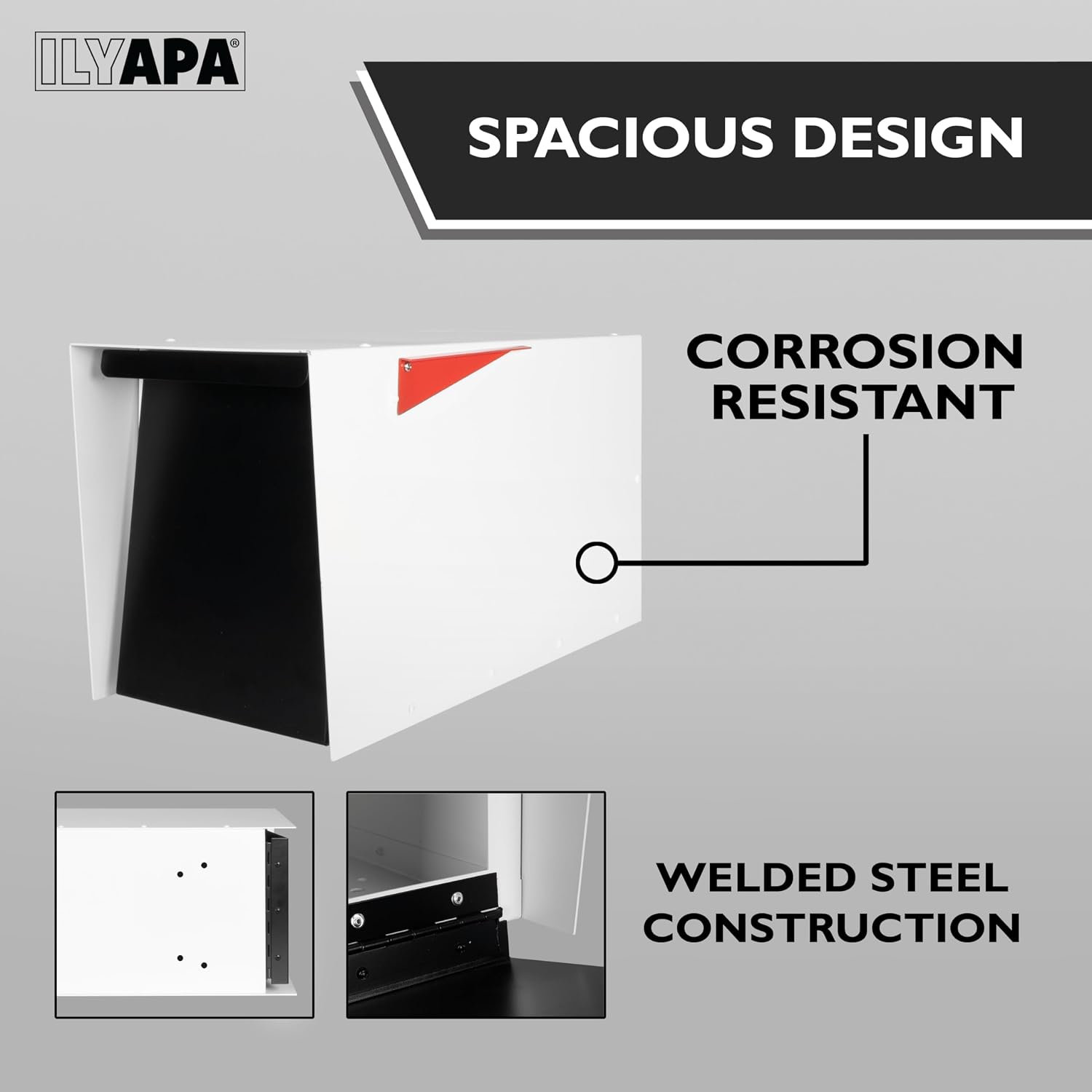 Ilyapa Modern Mailbox for Post Mount - White with Black Door Powder Coated Steel, Waterproof Letter Box for Parcels, with Recessed Magnetic Close Door