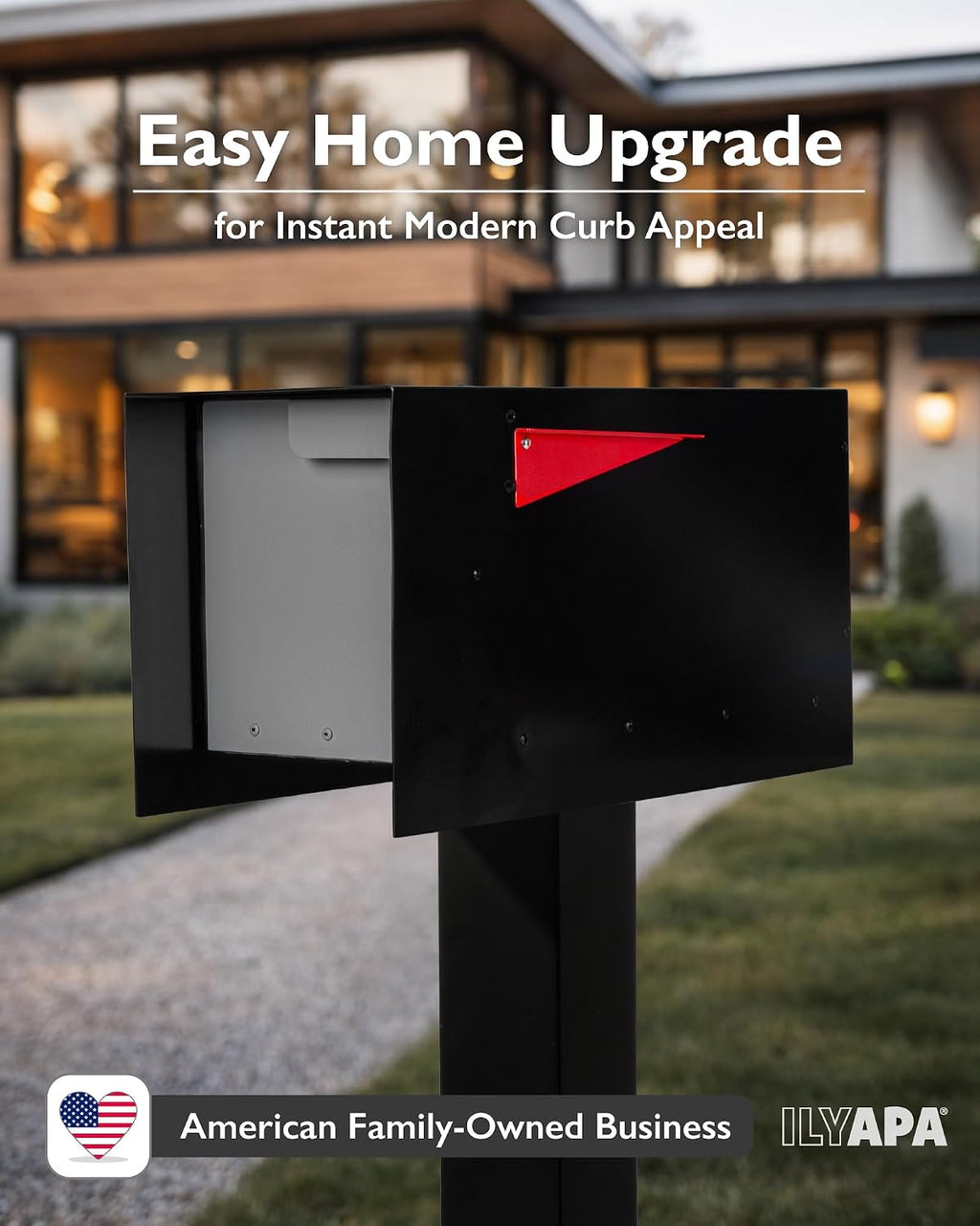 Ilyapa Modern Mailbox Post Mount - 21x8x10 Gray with Black Door Powder Coated Steel, Waterproof Letter Box for Parcels, with Black Recessed Magnetic Close Door