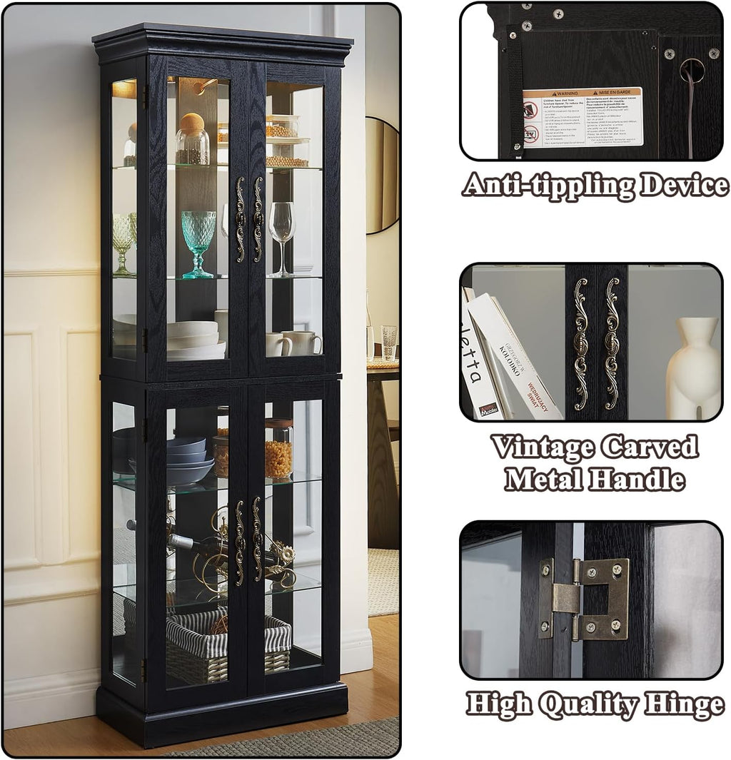 71' H Lighted Wooden Curio Cabinet, Freestanding Glass Display Case with Tempered Glass Door, Adjustable Shelves and Mirrored Back Panel, Decorative Cabinet for Living Room,Office (Black)