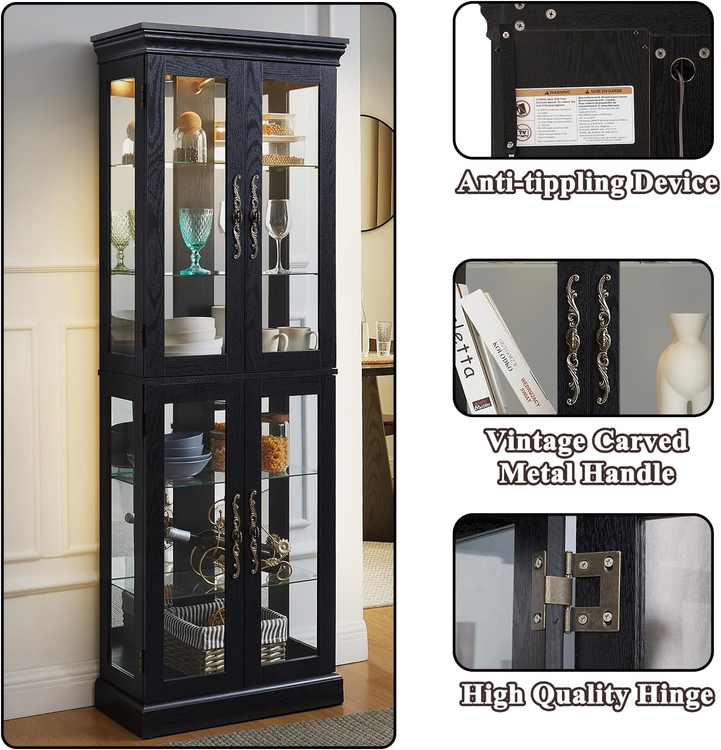 71' H Lighted Wooden Curio Cabinet, Freestanding Glass Display Case with Tempered Glass Door, Adjustable Shelves and Mirrored Back Panel, Decorative Cabinet for Living Room,Office (Black)