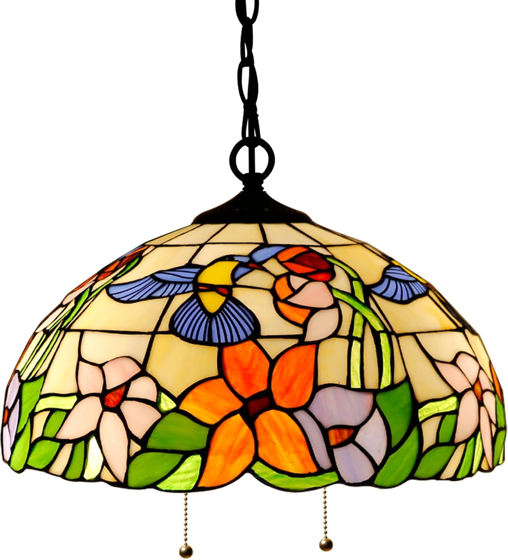 Large Tiffany Lamp Shade Replacement Only 16Inch Stained Glass Lampshade Fit For Table Lamps FLoor Lamp Ceiling Fixture Pendant Hanging Light Home Office Decoration (Cream Amber Hummingbird)